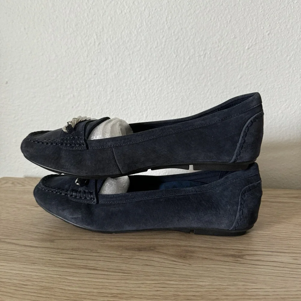 Vionic Mesa Navy Blue Suede Slip On Comfort Loafers‎ Chain Womens Size 9.5 Wide